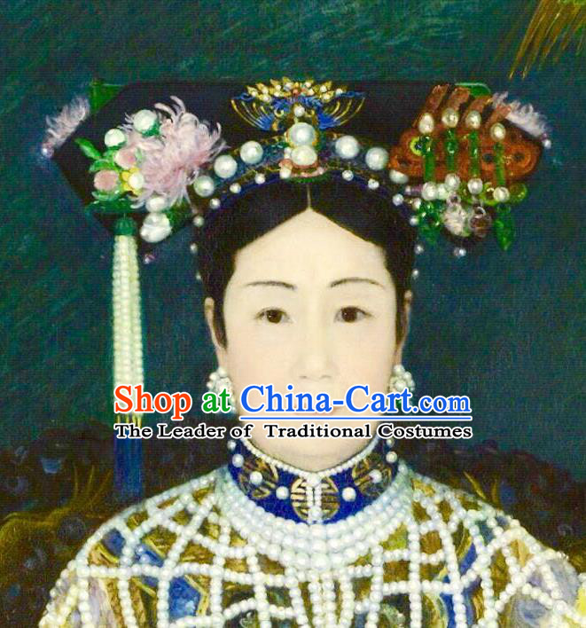 Traditional Ancient Chinese Hair Jewellery Accessories, Chinese Qing Dynasty Manchu Palace Lady Headwear and Wigs Empress Dowager Cixi Big La fin Headpiece, Chinese Mandarin Flag Head Hat Decoration Accessories for Women
