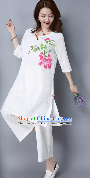 Traditional Ancient Chinese National Costume, Elegant Hanfu Mandarin Qipao Linen Hand Painting White Dress, China Tang Suit Cheongsam Garment Elegant Dress Clothing for Women