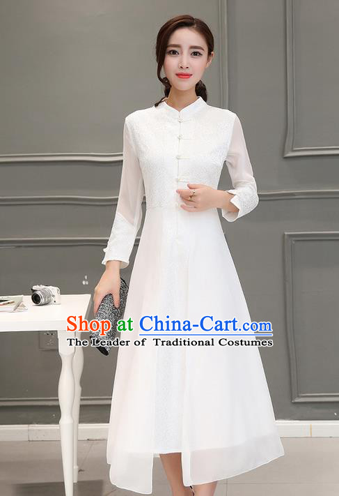 Traditional Ancient Chinese National Costume, Elegant Hanfu Embroidered Silk Front Opening White Dress, China Tang Suit Stand Collar Cheongsam Garment Elegant Dress Clothing for Women