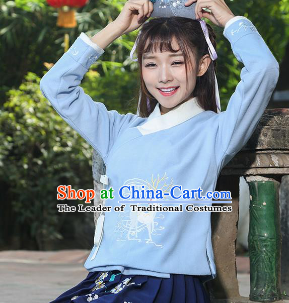 Traditional Chinese National Costume, Elegant Hanfu Embroidery Flowers Slant Opening Blue T-Shirt, China Tang Suit Chirpaur Blouse Cheong-sam Upper Outer Garment Qipao Shirts Clothing for Women