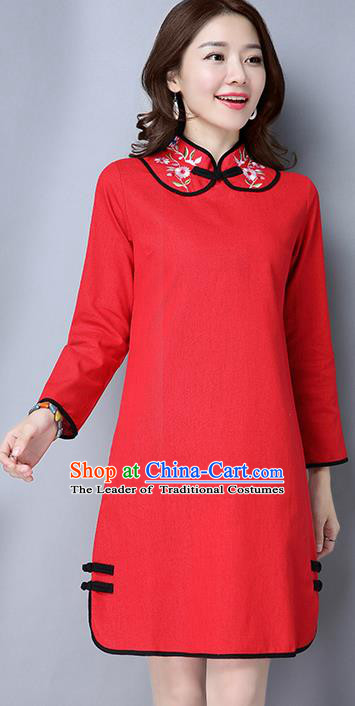 Traditional Ancient Chinese National Costume, Elegant Hanfu Mandarin Qipao Linen Stand Collar Red Dress, China Tang Suit Short Cheongsam Upper Outer Garment Elegant Dress Clothing for Women