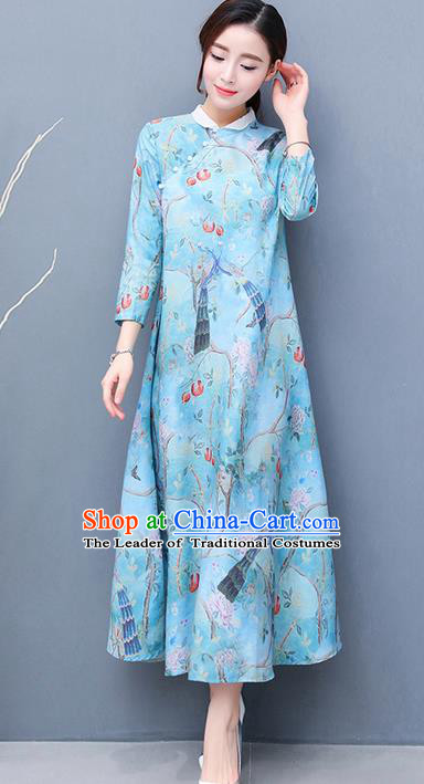 Traditional Ancient Chinese National Costume, Elegant Hanfu Qipao Printing Stand Collar Long Blue Dress, China Tang Suit Cheongsam Garment Elegant Dress Clothing for Women
