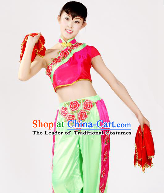Traditional Chinese Yangge Fan Dancing Costume, Folk Dance Yangko Costume Drum Dance Clothing for Women