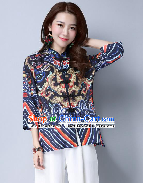 Traditional Ancient Chinese National Costume, Elegant Hanfu Stand Collar Dragon and Phoenix Coat, China Tang Suit Plated Buttons Jacket, Upper Outer Garment Navy Coat Clothing for Women