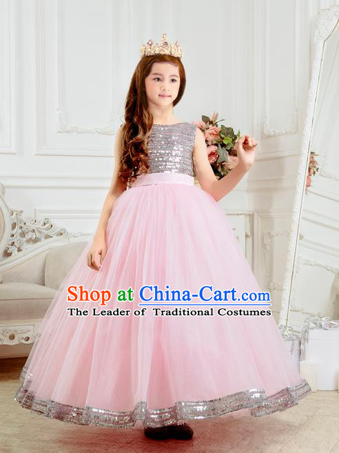 Traditional Chinese Modern Dancing Compere Performance Costume, Children Opening Classic Chorus Singing Group Dance Long Big Bowknot Pink Evening Dress, Modern Dance Classic Dance Bubble Dress for Girls Kids