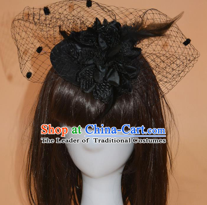 Top Grade Handmade Chinese Classical Hair Accessories, Children Baroque Style Headband Princess Black Veil Feather Top-hat, Hair Sticks Headwear Hats for Kids Girls