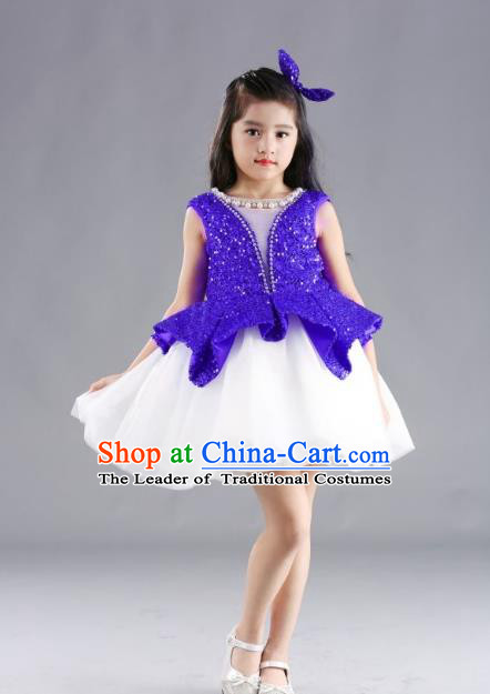 Traditional Chinese Modern Dancing Compere Costume, Children Opening Classic Chorus Singing Group Dance Blue Paillette Full Dress, Modern Dance Classic Dance Bubble Dress for Girls Kids