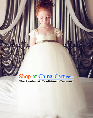 Traditional Chinese Modern Dancing Compere Costume, Children Opening Classic Chorus Singing Group Dance Princess White Veil Full Dress, Modern Dance Classic Dance Bubble Dress for Girls Kids
