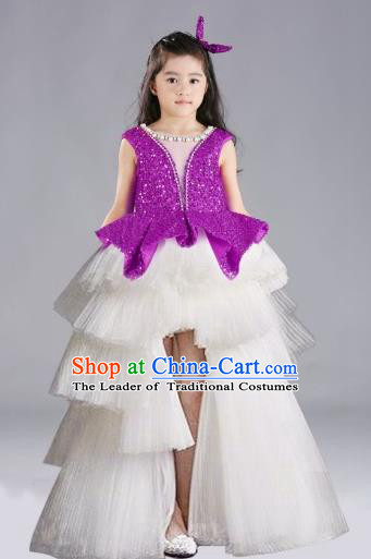 Top Grade Chinese Compere Performance Costume, Children Chorus Singing Group Purple Full Dress Modern Dance Trailing Bubble Short Dress for Girls Kids