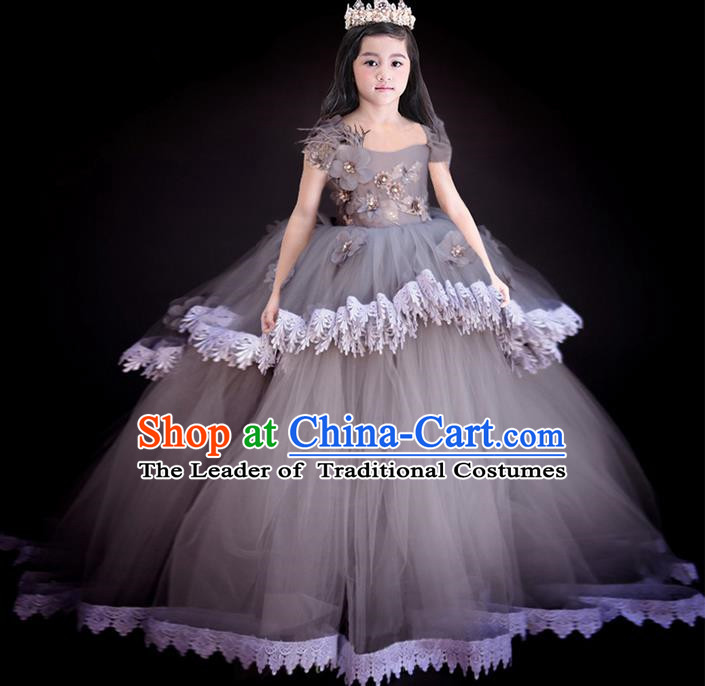 Top Grade Chinese Compere Performance Costume, Children Chorus Singing Group Baby Princess Full Dress Modern Dance Big Swing Long Veil Dress for Girls Kids
