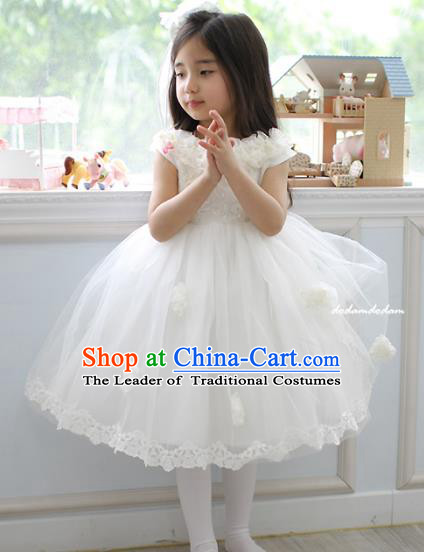 Top Grade Chinese Compere Performance Costume, Children Chorus Singing Group White Full Dress Modern Dance Short Veil Bubble Dress for Girls Kids