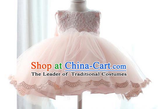 Top Grade Chinese Compere Performance Costume, Children Chorus Singing Group Pink Full Dress Modern Ballet Dance Short Veil Bubble Dress for Girls Kids