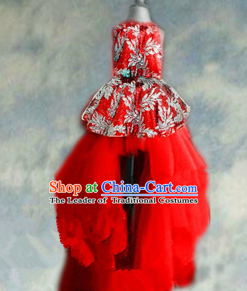 Top Grade Chinese Compere Catwalks Performance Costume, Children Chorus Singing Group Baby Princess Red Full Dress Modern Dance Trailing Dress for Girls Kids