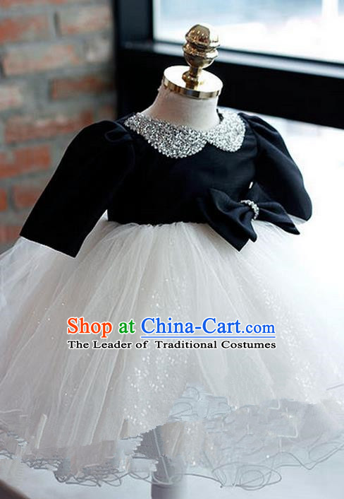 Top Grade Chinese Compere Piano Performance Costume, Children Chorus Singing Group Baby Princess Paillette Full Dress Modern Dance Veil Bubble Dress for Girls Kids