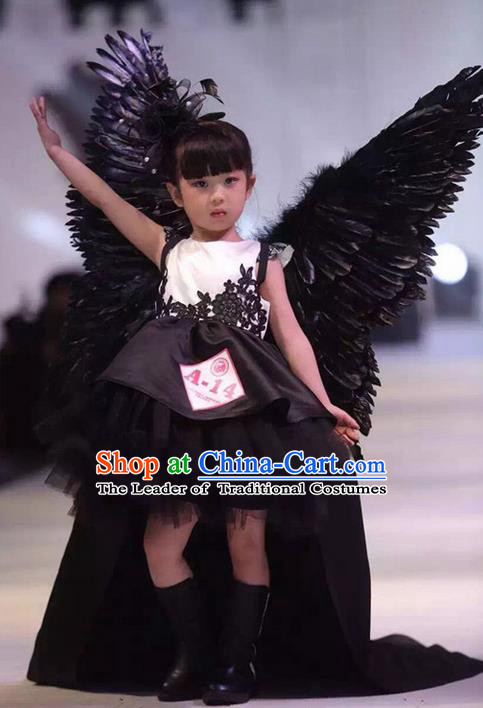 Top Grade Chinese Compere Piano Performance Costume, Children Chorus Singing Group Baby Princess Full Dress With Wings Modern Dance Veil Bubble Dress for Girls Kids