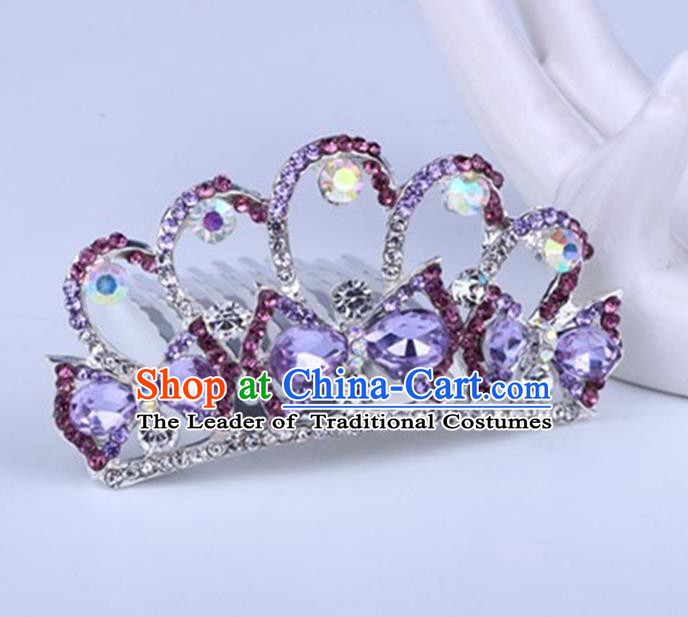 Top Grade Handmade Classical Swan Hair Accessories, Children Baroque Style Crystal Hairpins Rhinestone Princess Purple Royal Crown Hair Jewellery Hair Clasp for Kids Girls