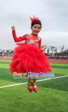 Top Grade Chinese Compere Performance Costume, Children Chorus Singing Group Red Crystal Full Dress Modern Dance Bubble Dress for Girls Kids
