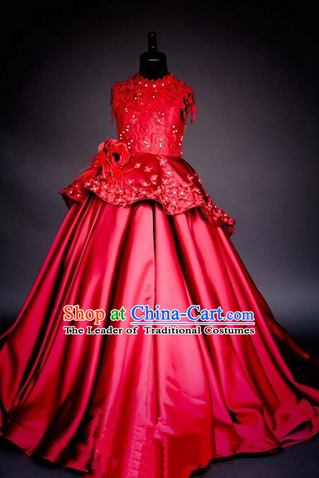 Top Grade Chinese Compere Performance Costume, Children Chorus Singing Group Baby Princess Red Full Dress Modern Dance Big Swing Long Dress for Girls Kids