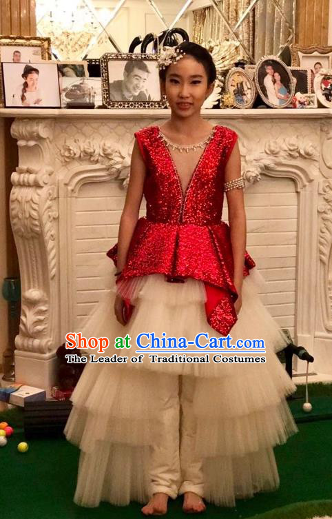 Top Grade Chinese Compere Performance Catwalks Costume, Children Chorus Singing Group Baby Princess Red Full Dress Modern Dance Paillette Long Trailing Dress for Girls Kids