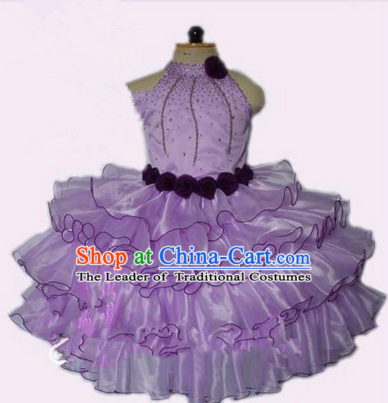 Top Grade Professional Compere Performance Catwalks Costume, Children Chorus Singing Group Little Princess Crystal Full Dress Modern Dance Light Purple Bubble Dress for Girls Kids