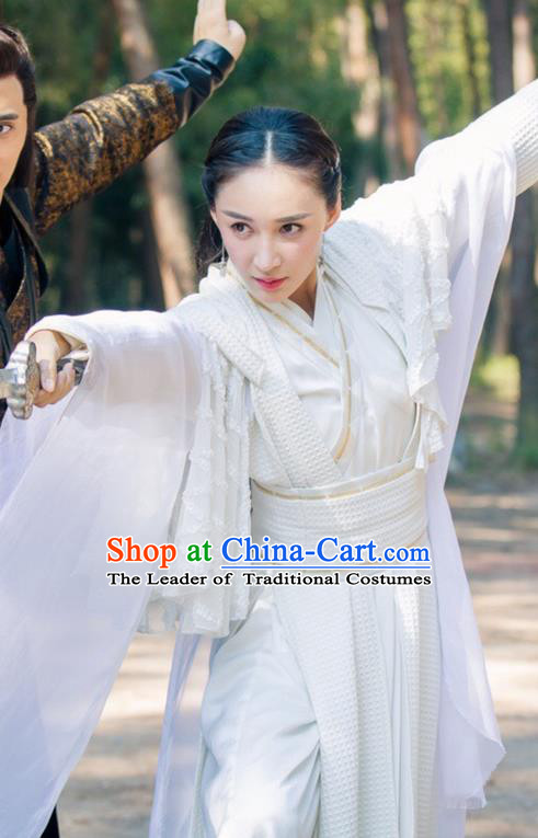 Traditional Ancient Chinese Elegant Swordsman Costume and Handmade Headpiece Complete Set, Chinese Television Drama Flying Daggers Heroine Dress Chinese Ming Dynasty Chivalrous Lady Hanfu Clothing for Women