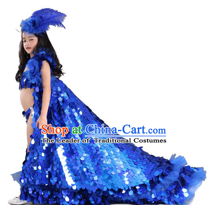 Top Grade Chinese Compere Professional Performance Catwalks Costume, Children Blue Paillette Formal Dress Modern Dance Little Princess Long Trailing Dress for Girls Kids