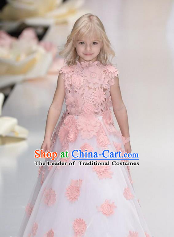 Top Grade Chinese Compere Professional Performance Catwalks Costume, Children Chorus Flowers Bubble Formal Dress Modern Dance Little Princess Long Lace Dress for Girls Kids