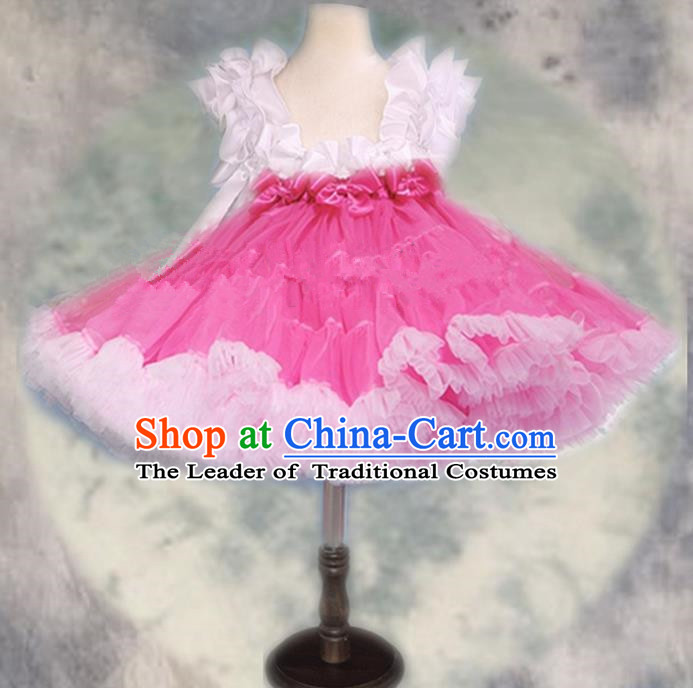 Top Grade Chinese Compere Professional Performance Catwalks Costume, Children Chorus White and Pink Bubble Formal Dress Modern Dance Baby Princess Veil Short Dress for Girls Kids