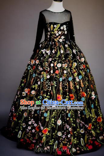 Top Grade Chinese Compere Professional Performance Piano Recital Catwalks Costume, Children Chorus Embroidery Flowers Black Wedding Bubble Formal Dress Modern Dance Baby Princess Trailing Long Dress for Girls Kids