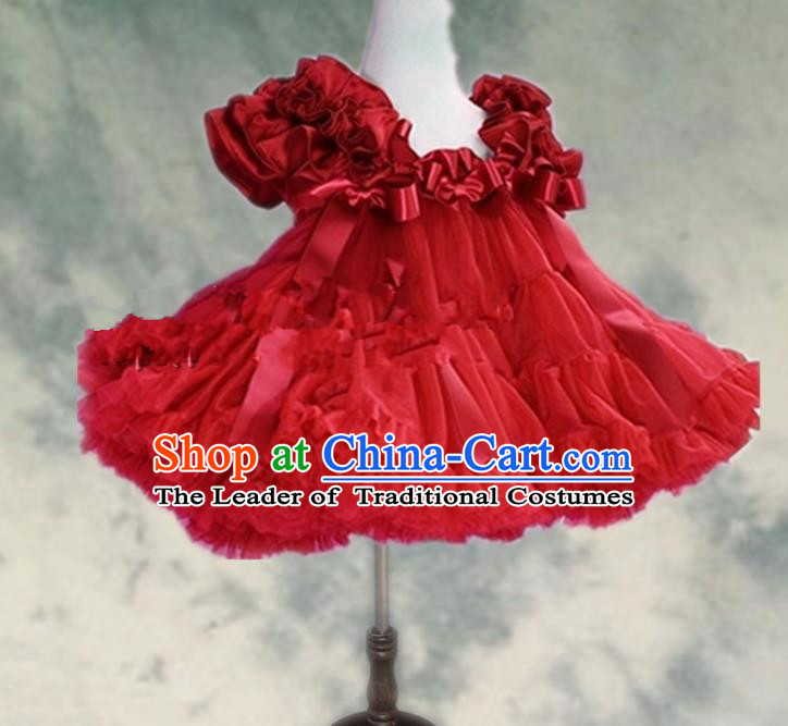 Top Grade Chinese Compere Professional Performance Catwalks Costume, Children Chorus Red Bubble Formal Dress Modern Dance Baby Princess Veil Short Dress for Girls Kids