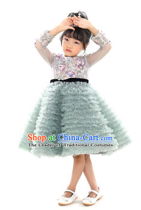 Top Grade Chinese Compere Professional Performance Catwalks Costume, Children Chorus Embroidering Flower Wedding Formal Dress Modern Dance Baby Princess Bubble Dress for Girls Kids