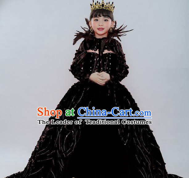Top Grade Chinese Compere Professional Performance Catwalks Costume, Children Chorus Palace Queen Wedding Black Formal Dress Modern Dance Baby Princess Long Trailing Dress for Girls Kids