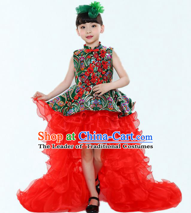 Top Grade Chinese Compere Professional Performance China Style Catwalks Costume, Children Chorus Red Cheongsam Formal Dress Modern Dance Baby Princess Long Trailing Dress for Girls Kids