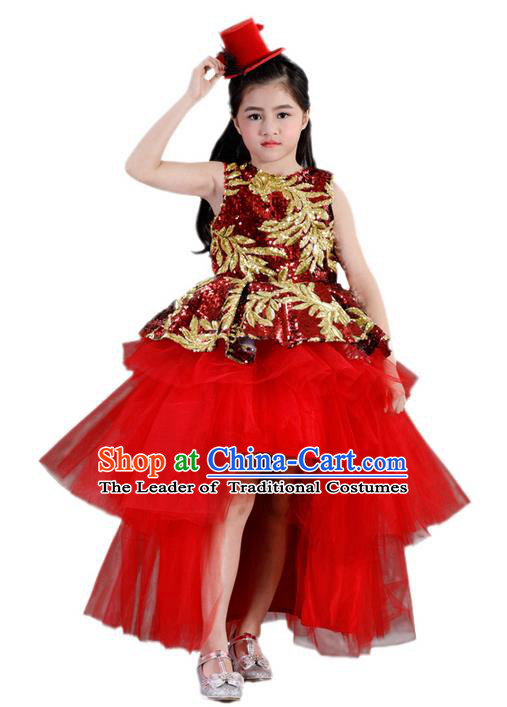 Top Grade Compere Professional Performance Catwalks Costume, Children Chorus Red Formal Bubble Dress Modern Dance Baby Princess Ball Gown Trailing Short Dress for Girls Kids