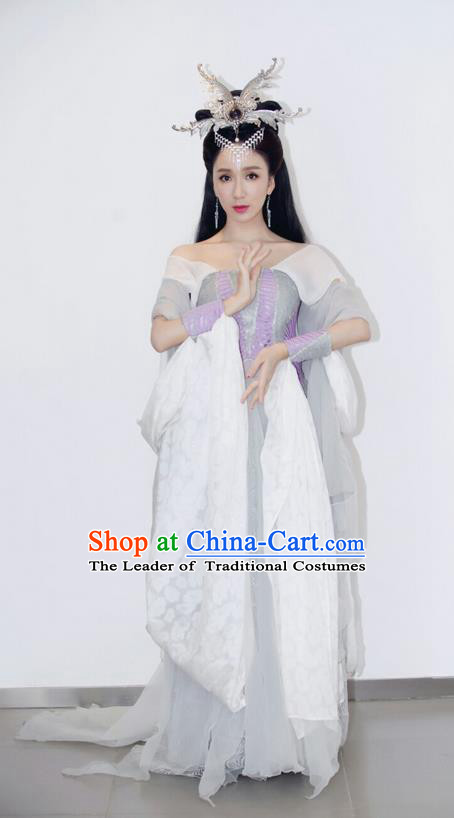 Traditional Ancient Chinese Princess Flying Dance Costume and Handmade Headpiece Complete Set, Chinese Tang Dynasty Princess Dress Imperial Consort Peri Clothing for Women