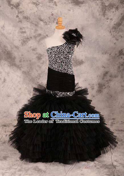 Top Grade Compere Professional Performance Catwalks Costume, Children Chorus Black Fishtail Full Dress Modern Dance Baby Princess Modern Fancywork Ball Gown Long Mermaid Dress for Girls Kids