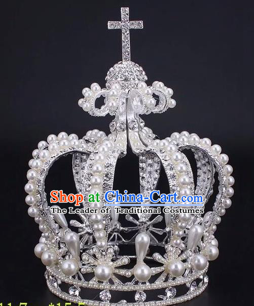 Top Grade Handmade Classical Hair Accessories, Children Baroque Style Wedding Silver Pearl Royal Crown Hair Jewellery Hair Clasp for Kids Girls