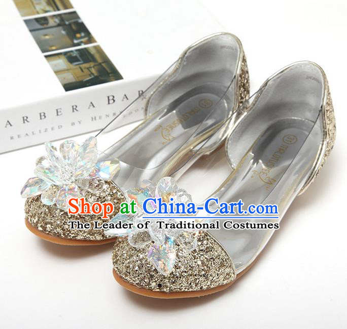 Top Grade Handmade Classical Crystal Dance Shoes, Children Baroque Style Wedding Princess Golden Dance Shoes for Girls
