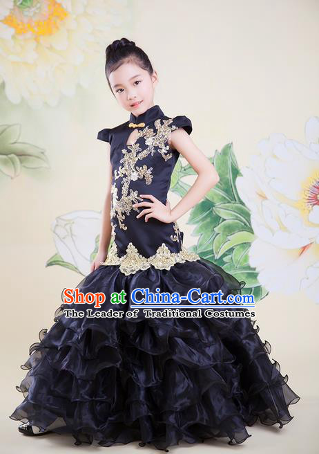 Top Grade Professional Compere Performance China Style Catwalks Costume, Children Chorus Singing Group Black Cheongsam Full Dress Modern Dance Fishtail Dress for Girls Kids