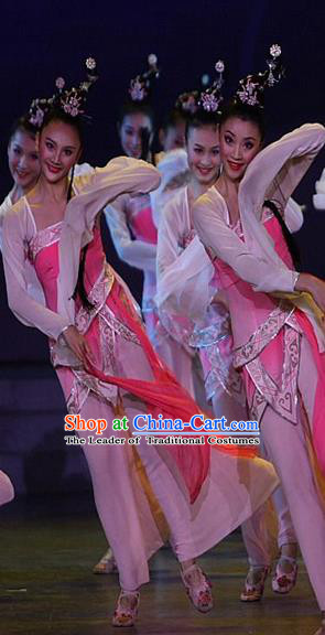 Traditional Chinese Ancient Flying Dance Water-Sleeve Yangge Fan Dancing Pink Dress, Folk Dance Yangko Costume For Women