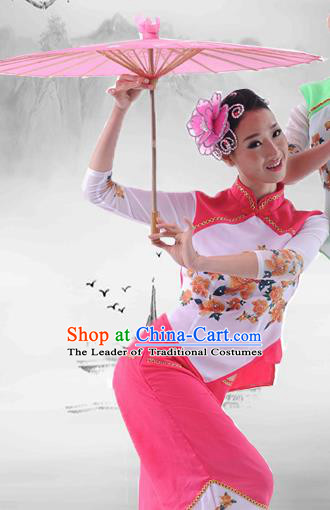 Traditional Chinese Classical Dance Yangge Fan Dancing Umbrella Dance Costume, Folk Dance Drum Dance Uniform Yangko Pink Clothing Complete Set for Women