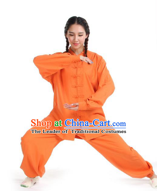 Top Kung Fu Costume Pulian Clothing Martial Arts Army Orange Linen Suits, Training Costume Tai Ji Uniforms Gongfu Shaolin Wushu Tai Chi Clothing for Women