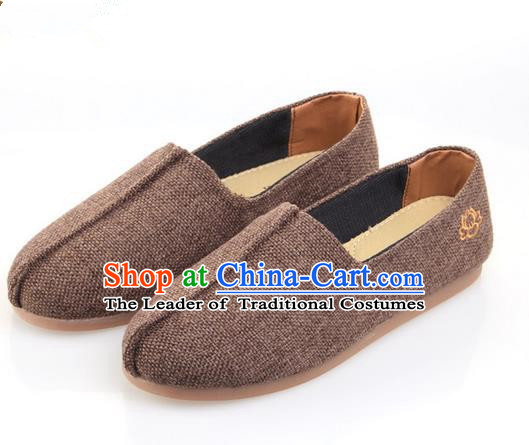 Top Grade Kung Fu Martial Arts Shoes Pulian Zen Shoes, Chinese Traditional Tai Chi Fine Linen Brown Shoes for Women for Men