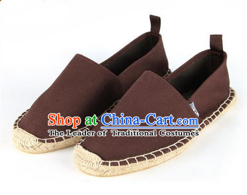 Top Grade Kung Fu Martial Arts Shoes Pulian Shoes, Chinese Traditional Tai Chi Linen Brown Shoes Monk Straw Cloth Shoes for Women for Men