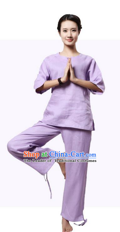 Top Grade Kung Fu Costume Martial Arts Purple Linen Suits Pulian Zen Clothing, Training Costume Tai Ji Meditation Uniforms Gongfu Shaolin Wushu Tai Chi Plated Buttons Clothing for Women