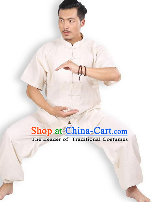 Top Grade Kung Fu Costume Martial Arts Beige Linen Suits Pulian Zen Clothing, Training Costume Tai Ji Meditation Uniforms Gongfu Wushu Tai Chi Short Sleeve Clothing for Men