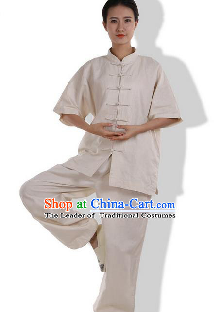 Top Grade Kung Fu Costume Martial Arts Beige Linen Suits Pulian Zen Clothing, Training Costume Tai Ji Meditation Uniforms Gongfu Wushu Tai Chi Short Sleeve Clothing for Women
