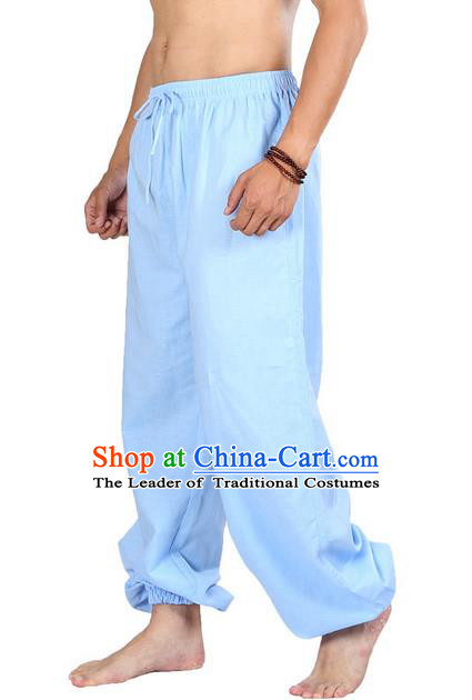 Top Grade Kung Fu Costume Martial Arts Blue Linen Pants Pulian Zen Clothing, Training Bloomers Gongfu Meditation Trousers Shaolin Wushu Tai Chi Plus Fours for Men