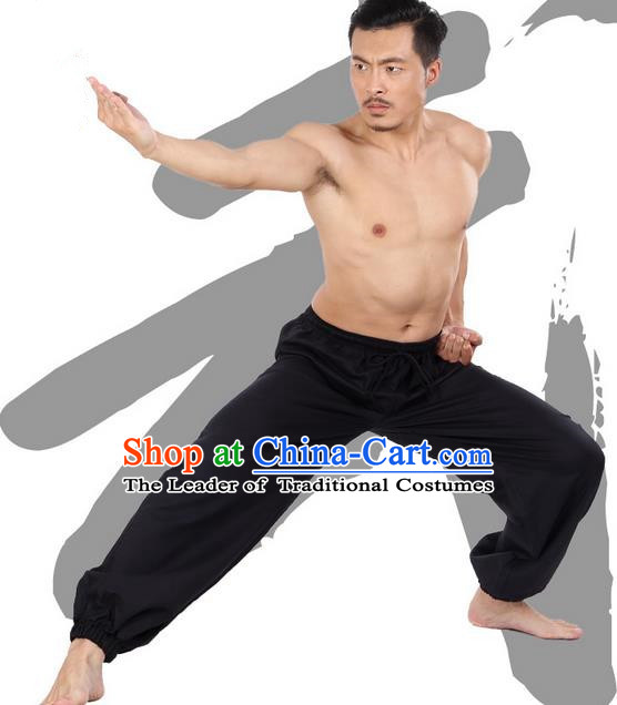 Top Grade Kung Fu Costume Martial Arts Black Linen Pants Pulian Zen Clothing, Training Bloomers Gongfu Meditation Trousers Shaolin Wushu Tai Chi Plus Fours for Men