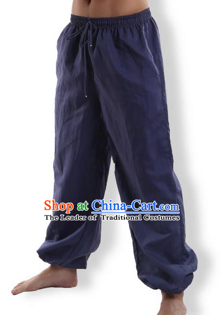 Top Grade Kung Fu Costume Martial Arts Navy Linen Pants Pulian Zen Clothing, Training Bloomers Gongfu Meditation Trousers Shaolin Wushu Tai Chi Plus Fours for Men